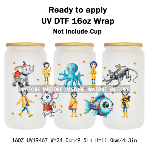 Horror Movie Witchy Girl Black Cat UV DTF Wraps Transfer Sticker Selfadhesive Waterproof High Quality For 16OZ Libbey Glass Can