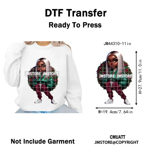 Sassy Black Girl Santa Christmas Bright Gingerbread Iron on Washable DTF Heat Transfers Stickers Ready to Press for Sweatshirts