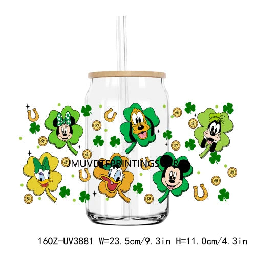 Cartoon St. Patrick's Day 16OZ UV DTF Cup Wrap Transfer Stickers Mouse Cat Custom Label DIY Waterproof Logo For Libbey Glass Can