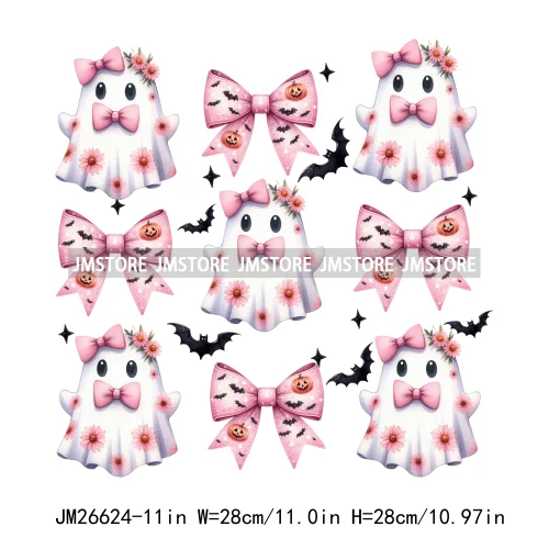 Colorful Halloween Spooky Season Cute Ghost Pumpkin Girly Coquette Bow DTF Iron On Transfers Stickers Ready To Press For T-shirt