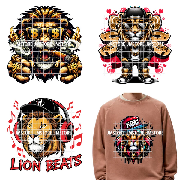 12in Urban Gangster Rich Money Lion Beats Shark Vibes Iron on DTF Thermal Transfers Stickers Ready to Press for T-shirts Bags