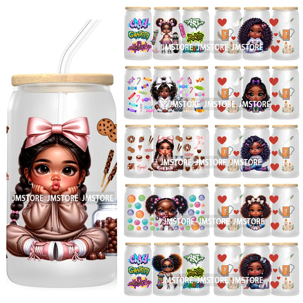 Cute Black Afro Girls 16OZ UV DTF Cup Wrap Transfer Stickers For Libbey Glass Can Cups Tumbler Waterproof Labels Christian Cross