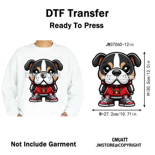 12in Streetwear Vibes Rich Cool Cartoon Bulldog King Designs Washable Iron on DTF Transfers Stickers Ready to Press for Clothes