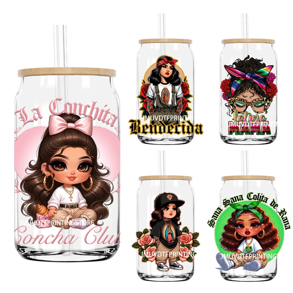 Mexican Latina Mama Chicano Cartoon Girls UV DTF Transfer Stickers Decals For Libbey Cold Cups Mugs Tumbler Waterproof DIY Logo