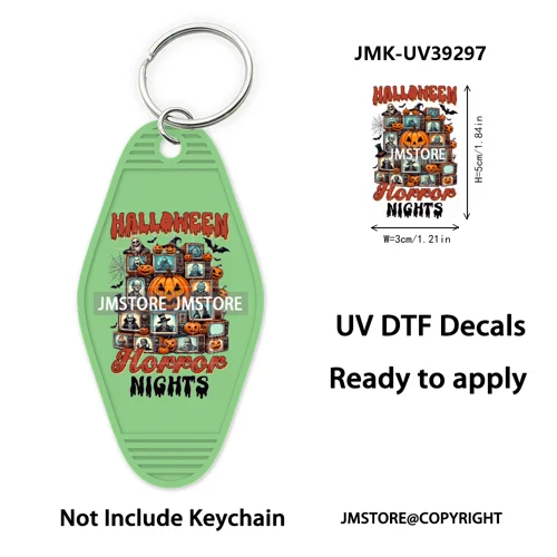 Faux Glitter Halloween Ghost Pumpkin Season UV DTF Motel Keychain Decal Ready To Ship Transfer Stickers Print For Hotel Keychain