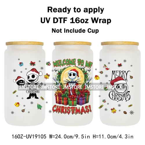 Skeleton Nightmare Before Christmas UV DTF Transfer Sticker Cup Tumbler Wrap For 16OZ Libbey Glass Wraps Bottle Mug DIY Labels