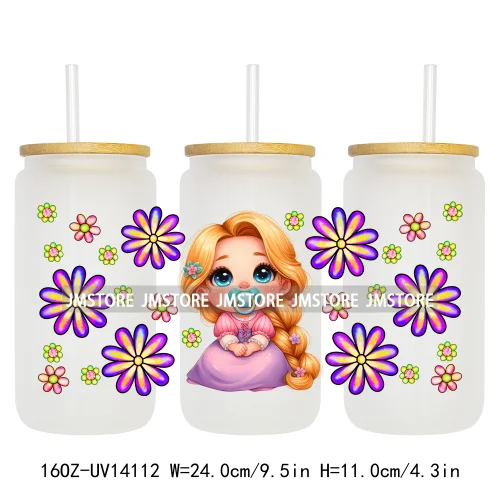 Cartoon Baby Princess Floral Flowers UV DTF Wraps Transfer Stickers Ready To Apply Waterproof For 16OZ Libbey Glass Can Tumblers