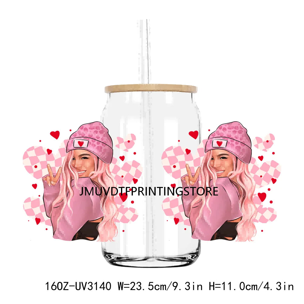 Pink Valentines Bichota Cupid Vibes 16OZ UV DTF Cup Wrap Transfers Stickers Custom DIY Waterproof Logo For Libbey Glass Can XOXO