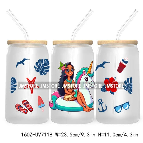 Cartoon Princess's Summer Vacation 16OZ UV DTF Cup Wrap Transfers Stickers For Libbey Glass Can Cups Tumbler Waterproof Craft