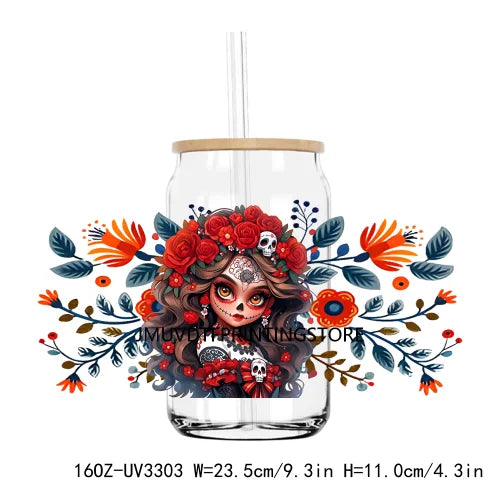 Mexican Sugar Skull And Rose Woman 16OZ UV DTF Cup Wrap Transfer Stickers Custom Labels DIY Waterproof Logo For Libbey Glass Can