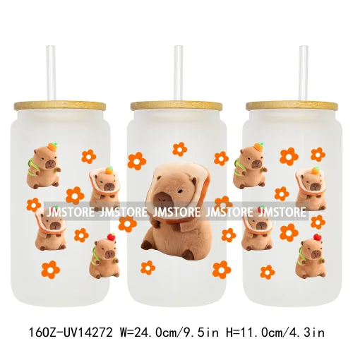 Cute Capybara Flower Heart UV DTF Wraps Transfer Sticker Selfadhesive Waterproof High Quality For 16OZ Libbey Glass Can Tumbler