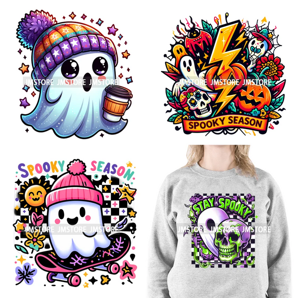 Colorful Coffee Spooky Babe Vibes Stay Spooky Season Ghost Skull Halloween DTF Decals Iron On Transfers Stickers For T-shirts