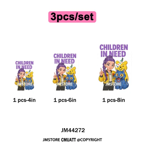 Cute Cartoon Bear Children in Need Charity Raising Kids Iron on Washable DTF Heat Transfers Stickers Ready to Press for Textiles
