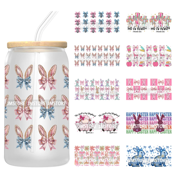 Glitter Coquette Peeps Easter Bunny Rabbit UV DTF Sticker For 16OZ Libbey Glass Cup Can Wrap Transfer Stickers Custom Labels