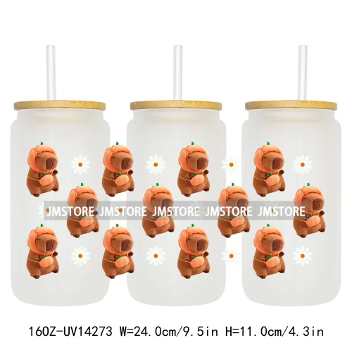 Cute Capybara Flower Heart UV DTF Wraps Transfer Sticker Selfadhesive Waterproof High Quality For 16OZ Libbey Glass Can Tumbler