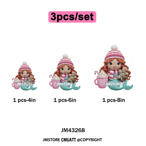 Faux Yarn Pink Hot Cocoa Cartoon Character Santa Cozy Christmas Iron on  DTF Transfers Stickers Ready to Press for T-shirts Bags
