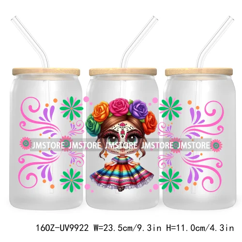 New Mexican Sugar Skull Girl UV DTF Sticker For 16OZ Libbey Glass Cup Can Wrap Transfer Stickers Custom Labels Day Of The Dead