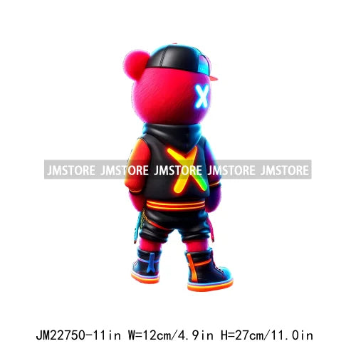 Cool Neon Colorful Hip Hop Streetwear Urban Teddy Bear Iron On DTF Transfers Stickers Ready To Press For Clothing Bags