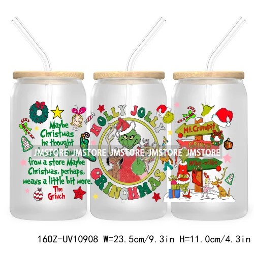 Retro Christmas Mean Guy UV DTF Cup Wrap For Libbey Glass Can Transfer Stickers Waterproof Custom Labels Merry Greenmas Xmas