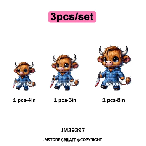 Horror Spooky Cartoon Baby Highland Cow Halloween Vibes Animal Iron on DTF Washable Transfers Sticker Ready to Press for Hoodies
