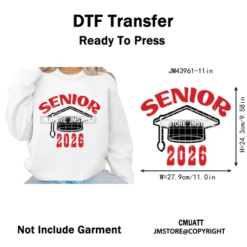 College Mega Senior 2K26 Coquette Class of 2026 Iron on Washable DTF Heat Transfers Stickers Ready to Press for Textiles Bags