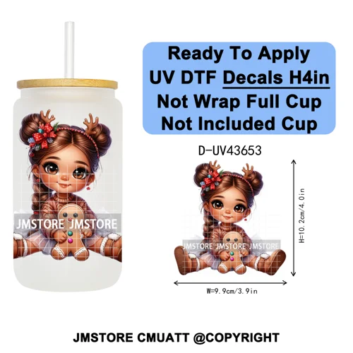 Floral Christmas Latina Chibi Girl UV DTF Transfer Stickers Decals Ready To Apply Good Quality Prints For Libbey Cold Cup Mugs
