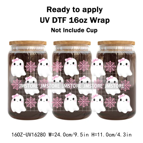 Cute Halloween Ghost Black Cat UV DTF Wraps Transfer Sticker Selfadhesive Waterproof Prints For 16OZ Libbey Glass Can Tumbler