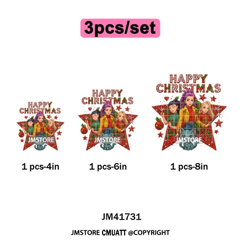 Cute Santa Kpop Inspired Movie Character Merry Christmas Holly Iron on DTF Washable Transfer Stickers Ready to Press for Textile