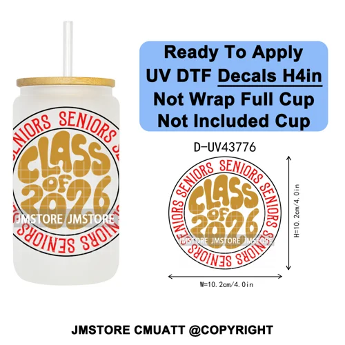 Fresh Class Of 2026 Senior Edition UV DTF Decals Ready To Apply Waterproof Transfer Stickers DIY Craft For 16OZ Libbey Glass Can