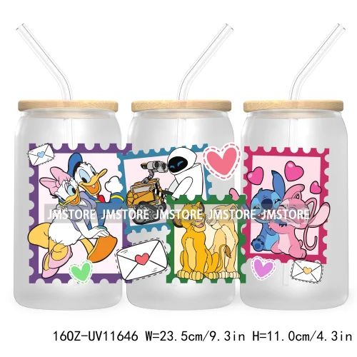 Cute Cartoon Couple XOXO Valentine's Day UV DTF Cup Wrap Transfer Stickers For 16OZ Libbey Glass Can Cupid Vibes Love Hearts