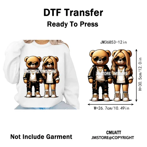 12in Girls Female Teddy Bear Duck Urban Sneakers Animal Washable Iron on DTF Transfers Stickers Ready to Press for T-shirts Bags