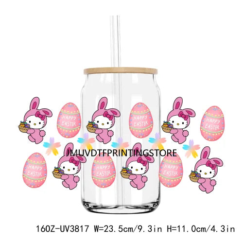 Cute Easter Bunny Cartoon UV DTF Sticker For 16OZ Libbey Glass Cup Can Wrap Transfer Sticker Custom Label DIY Logo Spring Flower