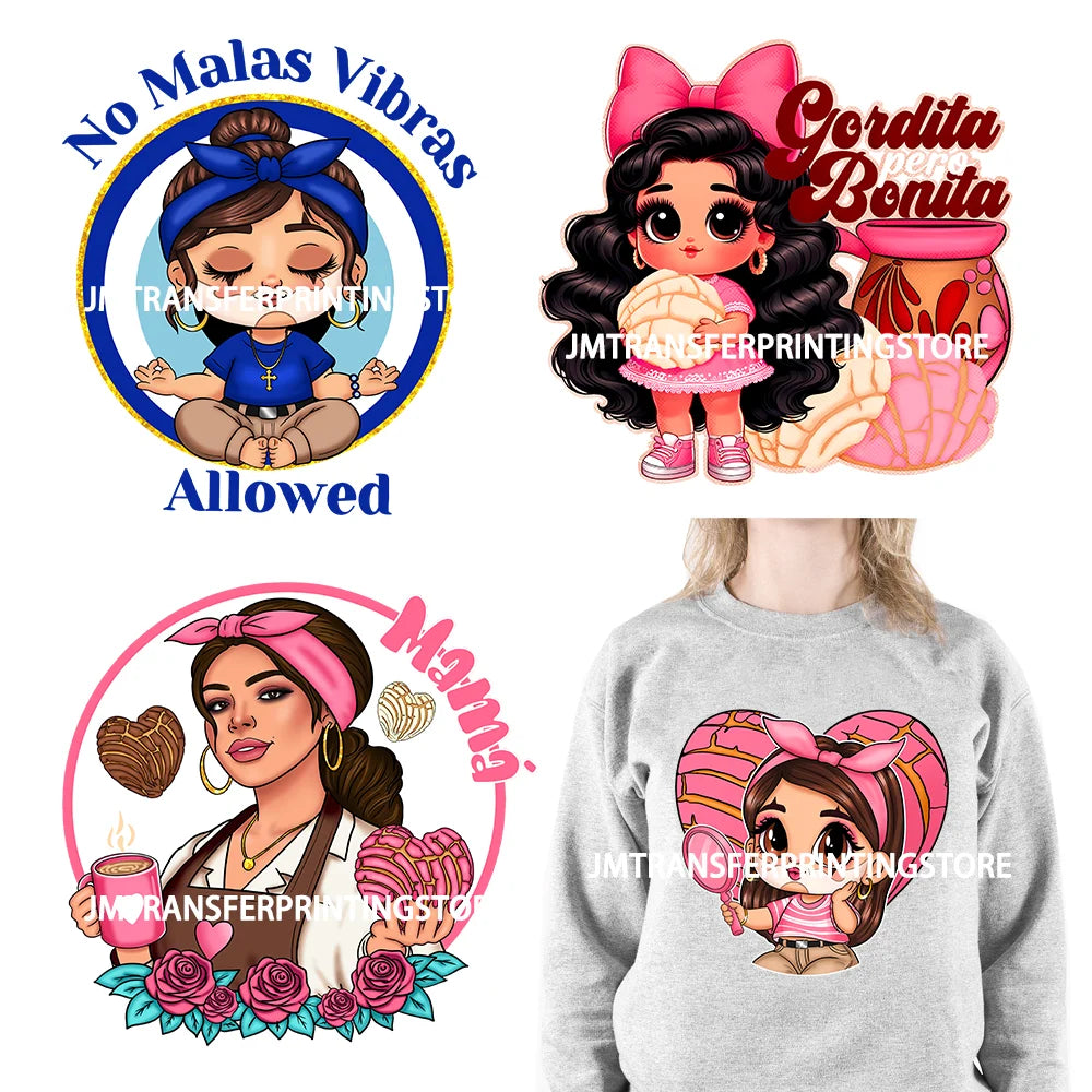 No Malas Vibras Allowed Latina Chicano Conchas Mom Cartoon Girls Mama La Reina Mexican DTF Transfer Stickers For Sweatshirt