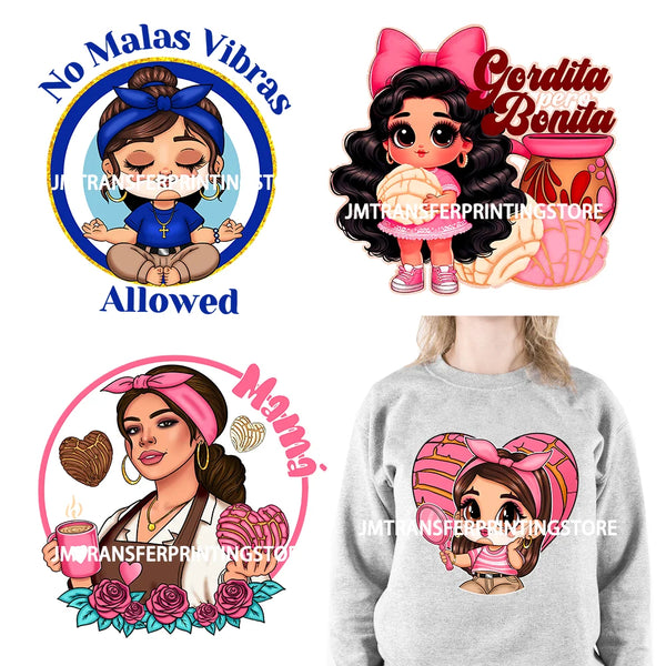 No Malas Vibras Allowed Latina Chicano Conchas Mom Cartoon Girls Mama La Reina Mexican DTF Transfer Stickers For Sweatshirt