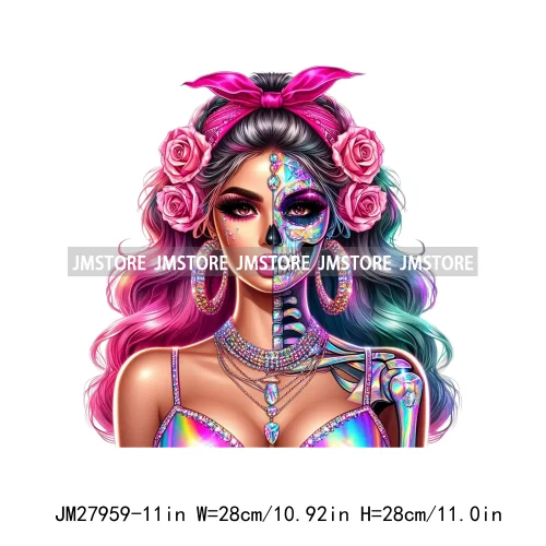 Raninbow Diamond Glamor Latina Skeleton Woman Rose Chicana  Earing Girls DTF Iron On Heat Press Transfer Stickers For Clothes