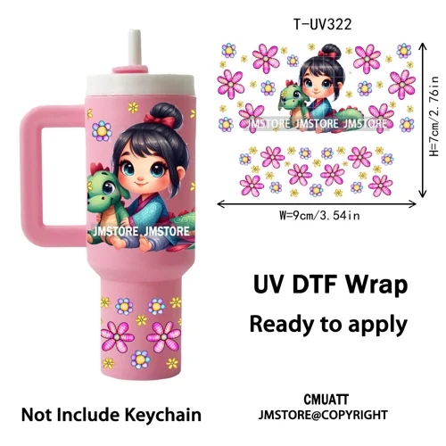 Watercolor Little Girl Cartoon Princess Flowers UV DTF Wraps Ready To Use Transfer Stickers Waterproof For Mini Tumbler Keychain