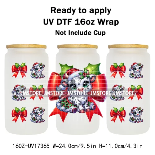 Watercolor Christmas Highland Cows Gift Leopard Print 16OZ UV DTF Cup Wraps Ready To Apply Transfer Sticker For Libbey Glass Can
