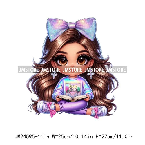 God First Chibi Cute Brown Hair Latina Dolls Baby Girls Coquette Bow Iron On DTF Transfer Stickers Ready To Press For Hoodies