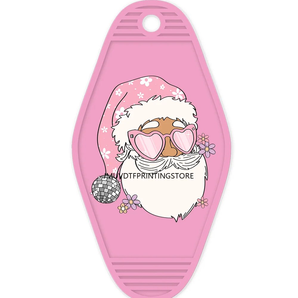 Pink Christmas Santa Claus High Quality WaterProof UV DTF Sticker For Motel Hotel Keychian  Merry Christmas Holiday