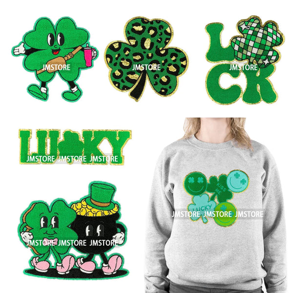 Fashion Clover Lucky Shamrock Irish St Patrick's Day Embroidery Iron on Chenille Patches For Sweatshirts Bags