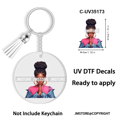 Christian Jesus God Pray Afro Girl UV DTF Decal Round Keychain Ready To Apply WaterProof Transfer Stickers For Circle Keychain