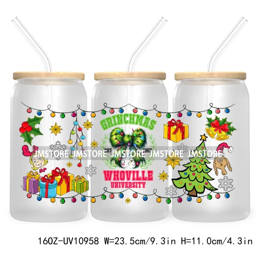 Green Guy Christmas Coquette Bow 16OZ UV DTF Cup Wrap Waterproof Transfer Stickers For Libbey Glass Can Christmas Movie Friends