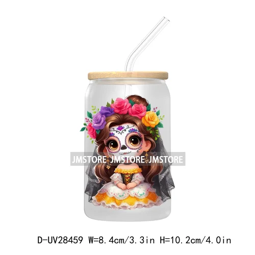 Cute Latina Cartoon Princess Baby Girl UV DTF Transfer Stickers Decals For Libbey Cold Cups Mug Tumbler Labels Sugar Skull Woman