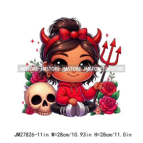 Chibi Cute Halloween Devil Latina Baby Hispanic Girls Skull Red Rose DTF Iron On Transfer Stickers Ready To Press For Sweatshirt