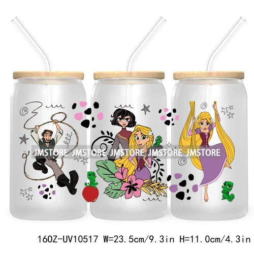 Cartoon Princess Floral Flowers 16OZ UV DTF Cup Wrap Transfer Stickers Custom Labels Waterproof For Libbey Glass Can Best Friend