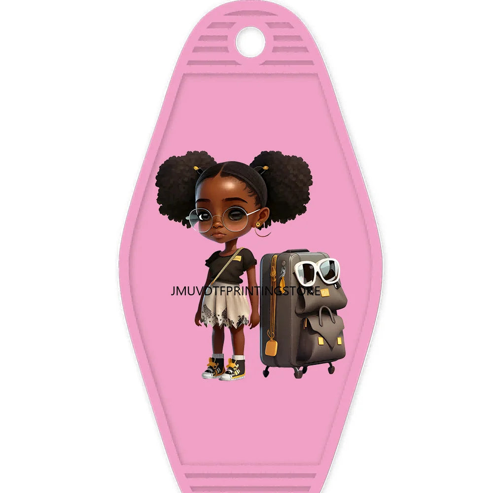 School Melanin Black Girls With Luggage High Quality WaterProof UV DTF Sticker For Motel Hotel Keychain Afro Children