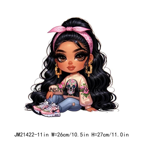 Pink Bow Long Hair Chibi Cute Chicana Doll Girls With Earing Washable Iron On DTF Transfers Stickers Designs For Sweatshirt