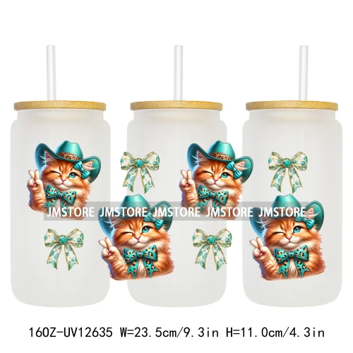 Western Howdy Cat Coquette Girly Dog Bow  16OZ UV Cup Wrap DTF Transfer Stickers Waterproof For Libbey Glass Can Cups Tumbler