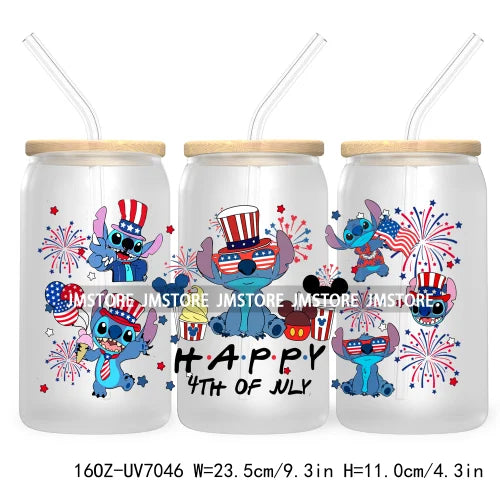 Happy 4TH Of July Cartoon Bear Friends 16OZ UV DTF Cup Wrap Transfer Stickers For Libbey Glass Can Cups Tumbler Waterproof Craft