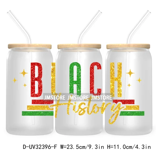 Glitter Black History Month Power Western Melanin 16OZ UV DTF Cup Wrap Transfer Stickers Waterproof Labels For Libbey Glass Can